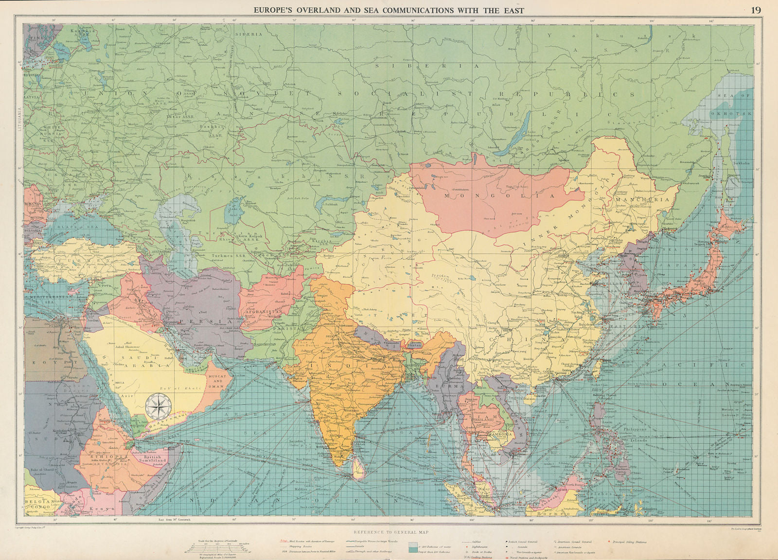 Europe's Overland & Sea Communications with Asia. Chart. LARGE 1959 old map